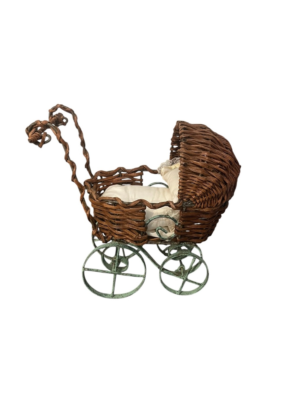 VTG Victorian Style Miniature Baby Carriage Wicker Metal Iron Frame Bed Pillow